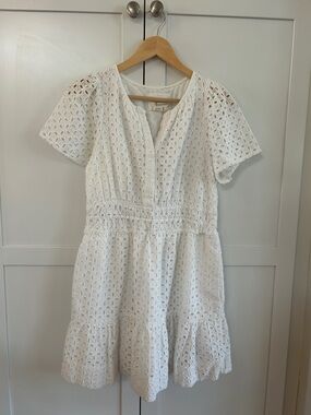 Anthropologie White Eyelet V-Neck Tiered Mini Dress